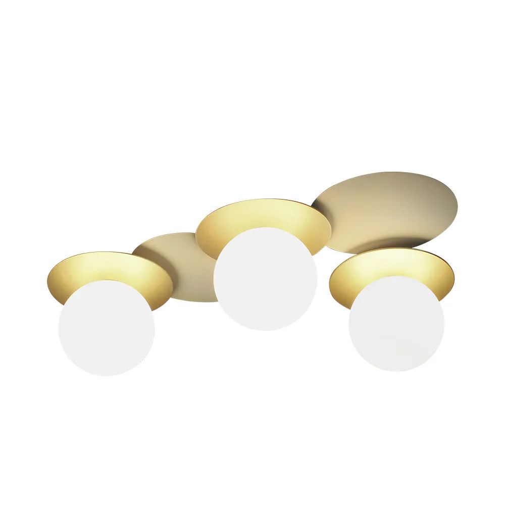 Plafon Moderno Biene Dourado com 6 globos leitosos, ideal para cozinha gourmet, quarto, sala de jantar, escritório e lavabo. Lustres Gênesis loja online de Lustres e Iluminação Decorativa